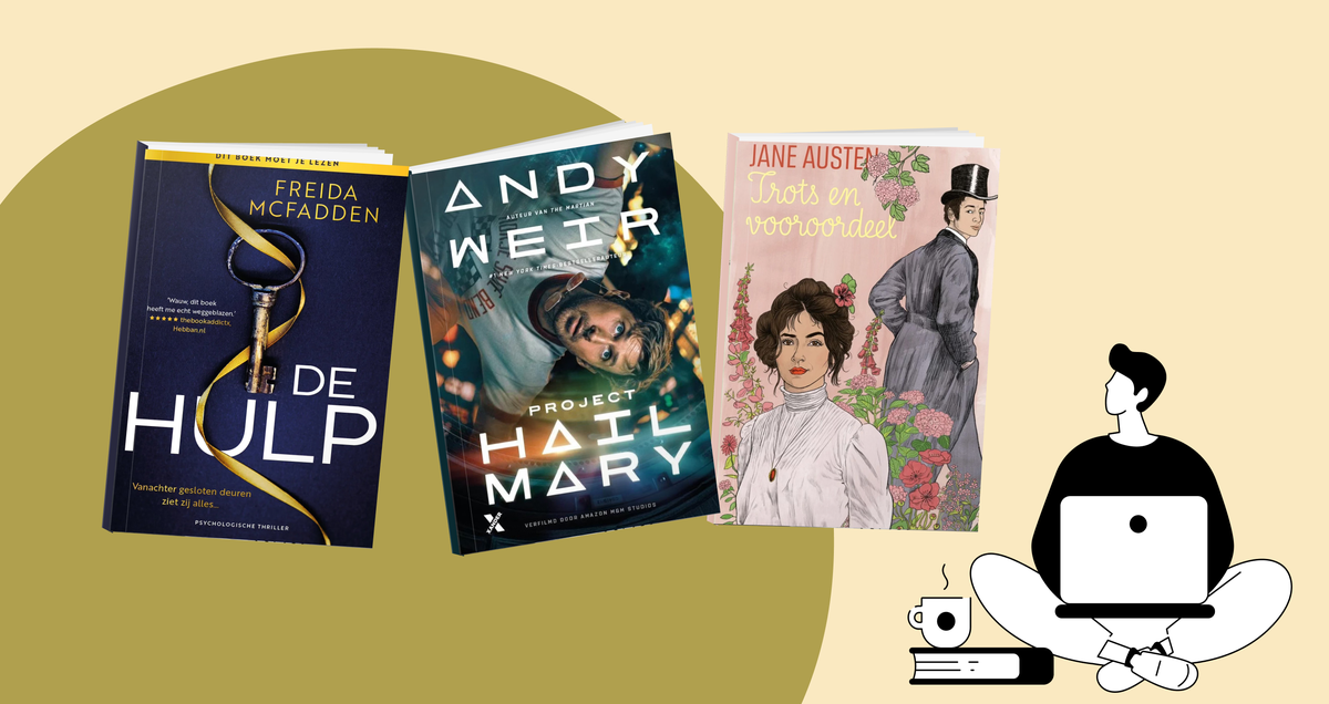 Leestips banner met boekcovers van De hulp, Project Hail Mary en Trots en voordeel, selectie van aanraders over boekverfilmingen