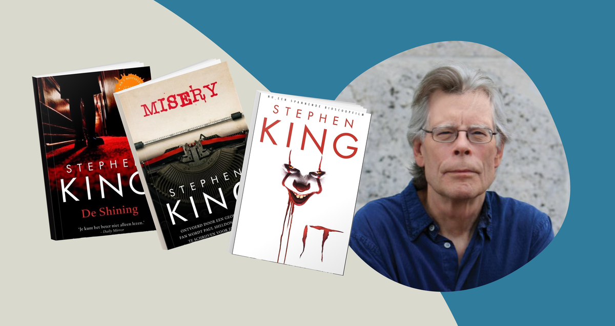 Auteurs banner met Stephen King en boekcovers van IT, Misery en De shining