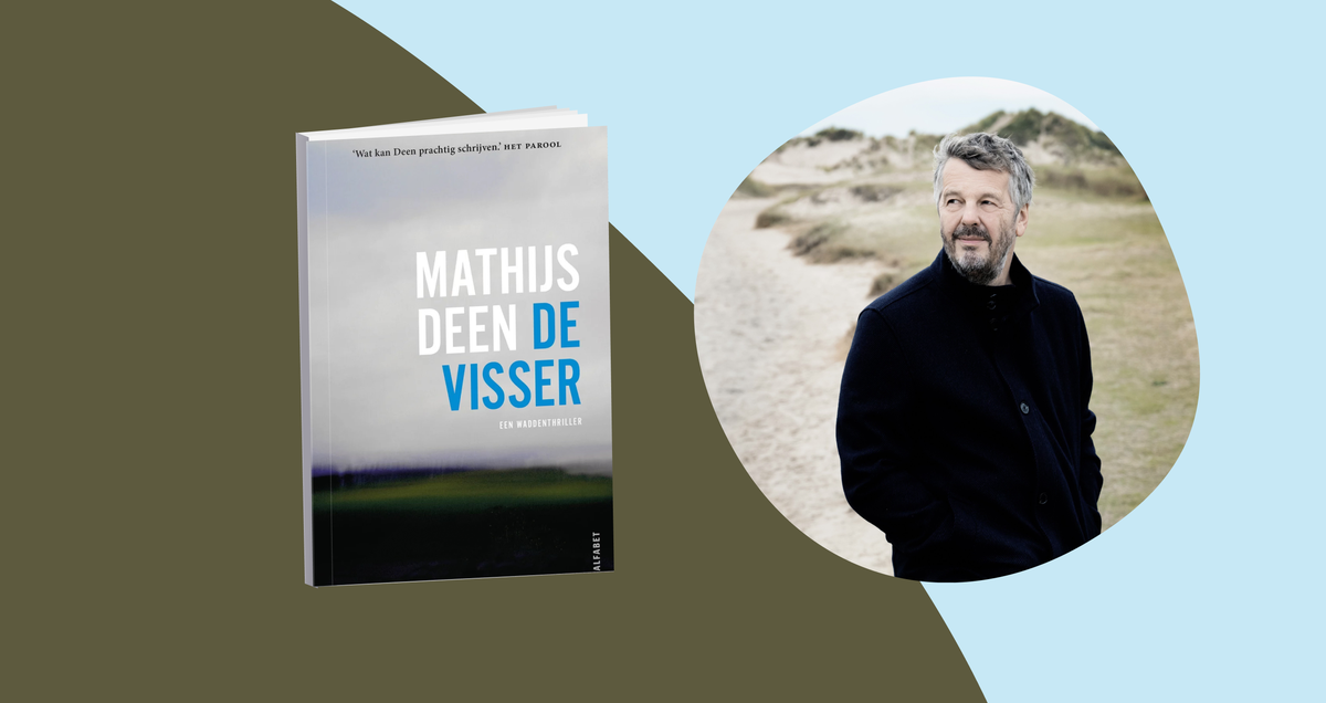 Auteurs banner met Mathijs Deen en een boekcover van zijn nieuwe waddenthriller De visser