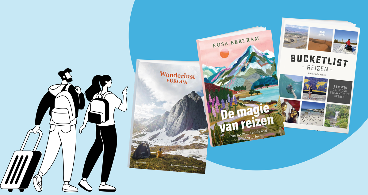 Leestips banner met boekcovers van Wanderlust Europa, De magie van reizen en Bucketlist reizen, selectie van aanraders over reisboeken