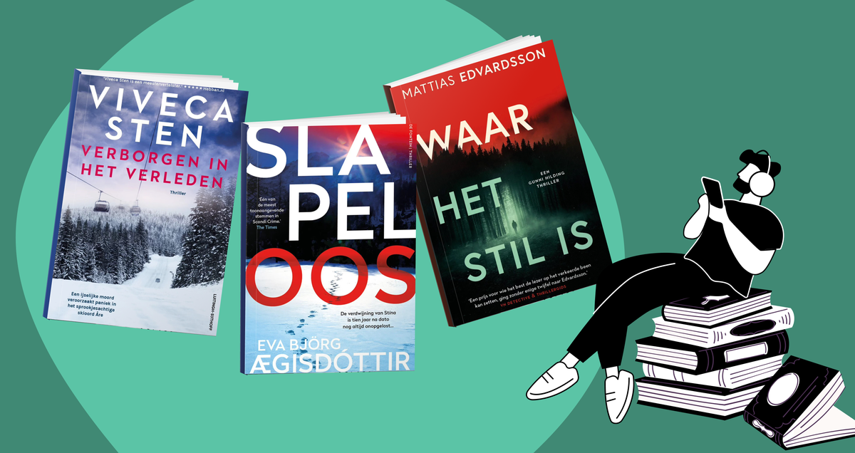 Leestips banner met boekcovers van Verborgen in het verleden, Slapeloos en Waar het stil is, selectie van aanraders over de beste Scandinavische thrillers