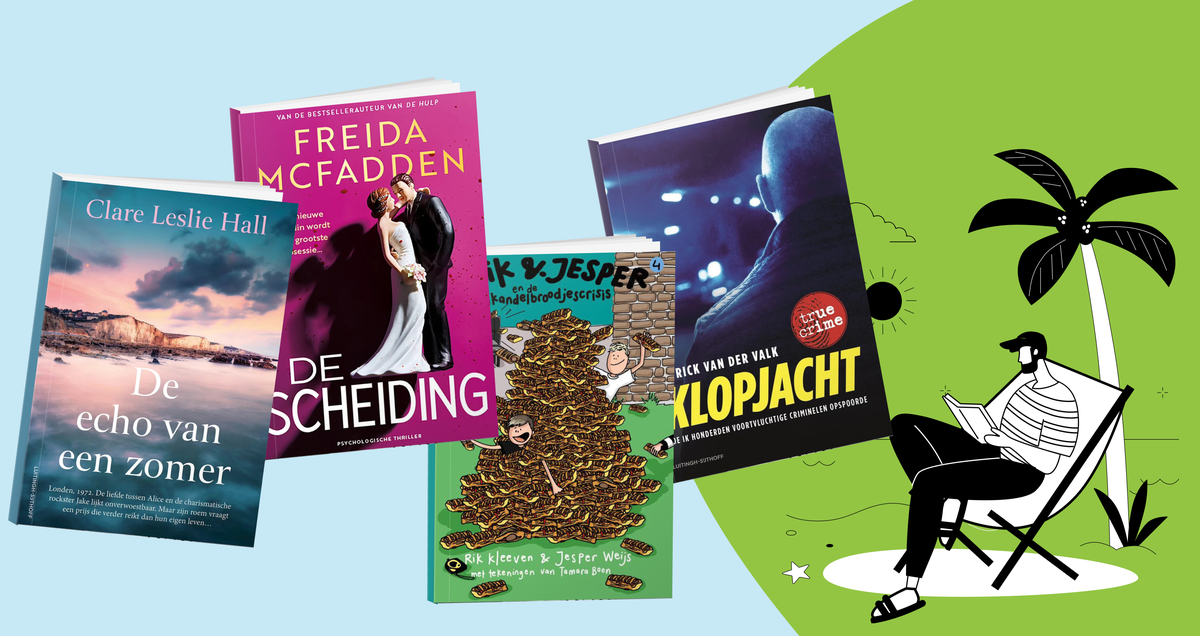 Leestips: ontdek boeken voor de zomervakantie met boeken als De scheiding, De echo van een zomer, Klopjacht en De frikandelbroodjescrisis Leestips banner met boekcovers van De scheiding, De frikandelbroodjescrisis, De echo van een zomer en Klopjacht, selectie van aanraders over zomerse boeken