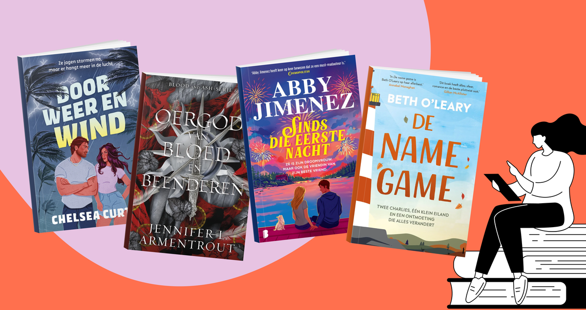 Leestips banner met boekcovers van De name game, Oergod van bloed en beenderen, Sinds die eerste nacht, selectie van aanraders voor spicy romance
