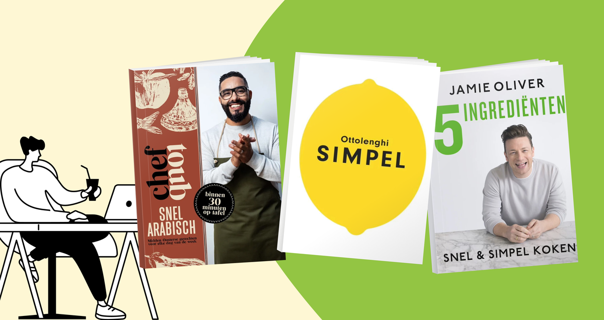 Leestips banner met boekcovers van Simpel van Ottoelnghi, 5 ingrediënten van Jamie Oliver en Chef Toub, selectie van aanraders over de beste kookboeken aller tijden