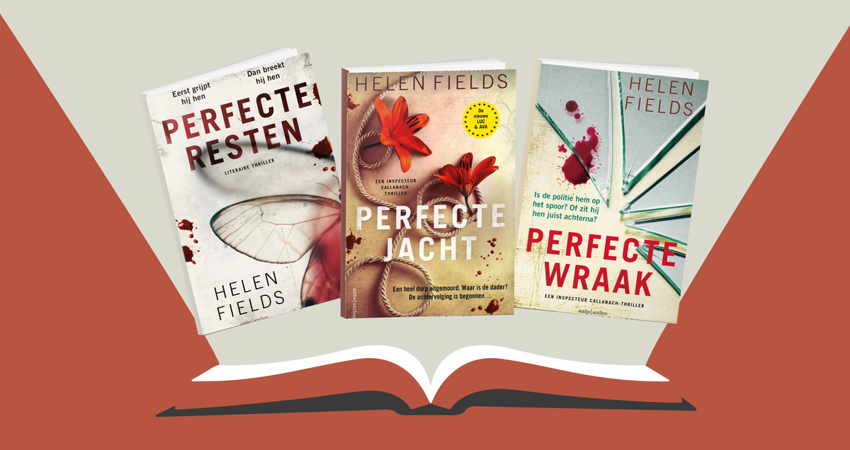 Series: ontdek de D.I. Callanach serie van Helen Fields Series banner met boekcovers van de serie D.I. Callanach waaronder Perfecte resten, Perfecte jacht en Perfecte wraak