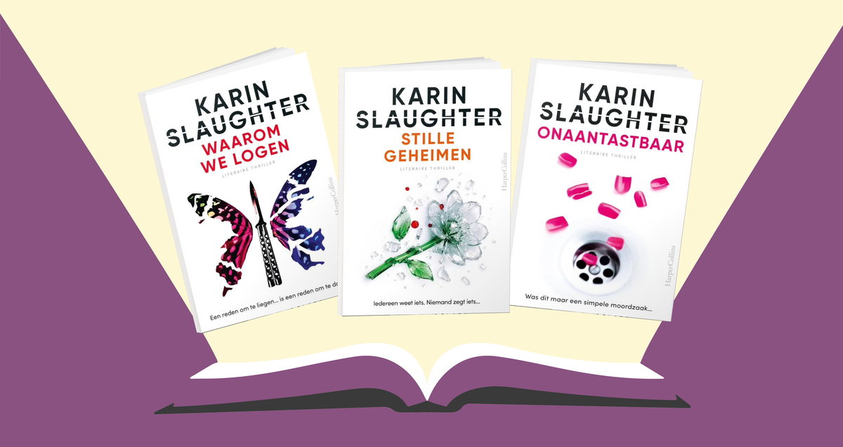 Ontdek de boeken van Karin slaughter in de juiste leesvolgorde Auteurs banner met Karin Slaughter en boekcovers van Waarom we logen, Stille geheimen en Onaantastbaar