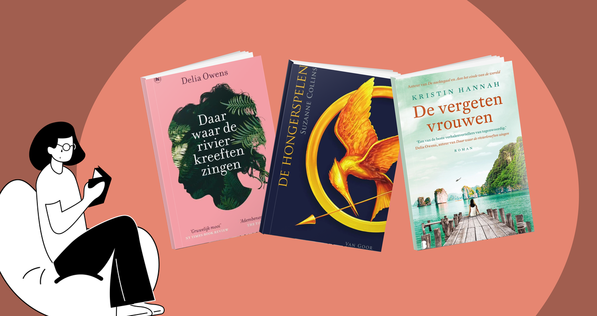 Leestips banner met boekcovers van De vergeten vrouwen, De hongerspelen en Daar waar de rivierkreeften zingen, selectie van aanraders over boeken met sterke vrouwen