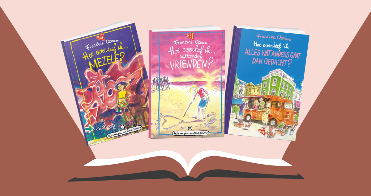 Series banner met boekcovers van de serie Hoe overleef ik waaronder Hoe overleef ik mezelf?, Hoe overleef ik met/zonder vrienden? en Hoe overleef ik alles wat anders gaat dan gedacht?