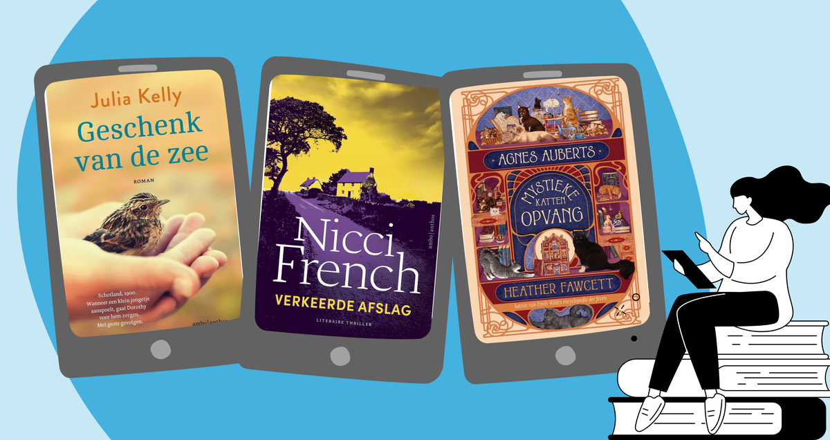 Leestips banner met boekcovers van Verkeerde afslag, Het geschenk van de zee en Agnes auberts mystieke kattenopvang, selectie van aanraders over de beste e-books