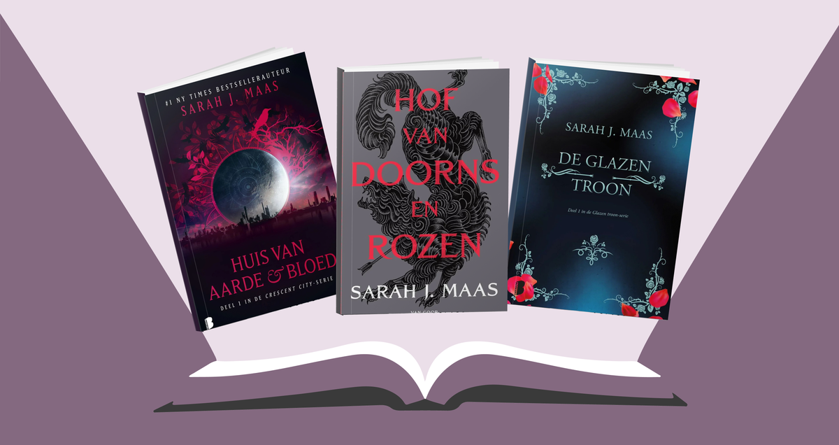 Series banner met boekcovers van de fantasyseries van Sarah J. Maas waaronder Huis van aarde & bloed, Hof van doorns en rozen en De glazen troon