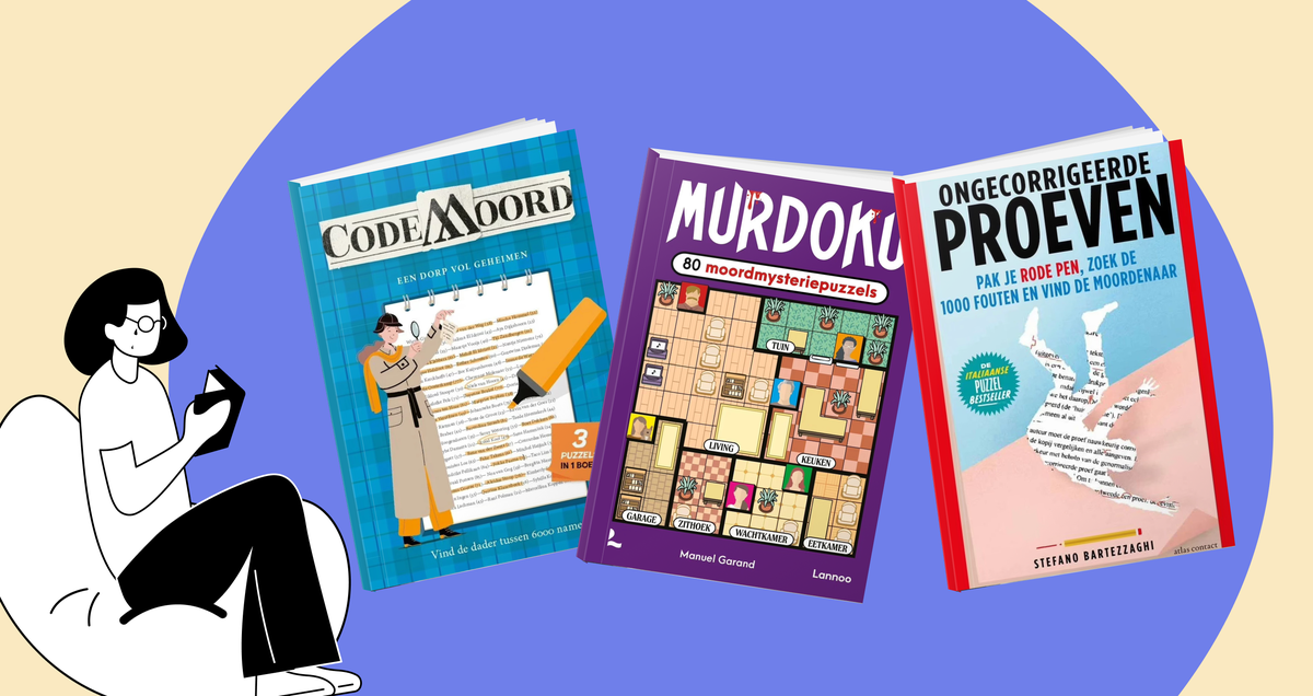 Puzzelboeken tips banner met boekcovers van De moordzoeker, Murdoku en Ongecorrigeerde proeven, selectie van aanraders voor de nieuwste puzzelboeken