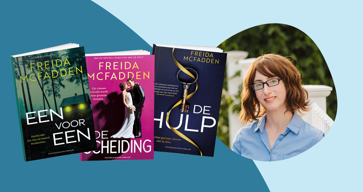 Ontdek de boeken van Freida McFadden zoals De scheiding en De hulp Auteurs banner met Freida McFadden en boekcovers van Een voor een, De scheiding en De hulp