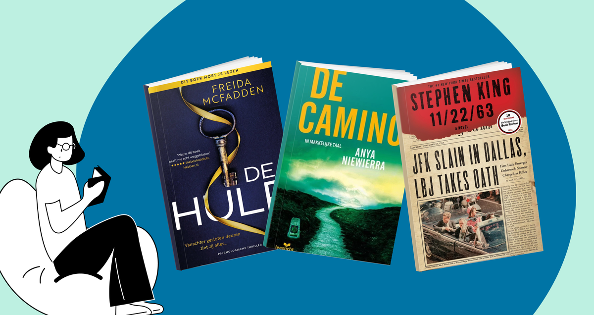 De beste thrillers ooit Banner met beste thrillers ooit, onder andere De hulp, 11.22.63 en De camino