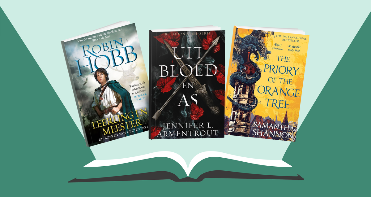 Series: ontdek de top 10 fantasyseries van auteurs als Robin Hobb, Jennifer L. Armentrout en Samantha Shannon Series banner met boekcovers van de top 10 fantasyseries waaronder Leerling en meester, uit bloed en as en The Priory of the Orange Tree